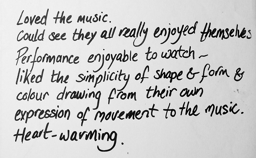 A hand written feedback note about the show, My Last Yellow Thought, 2000